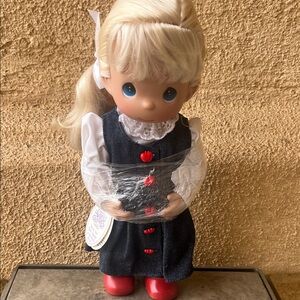 Precious Moments Doll with Blue Dress and Red Shoes